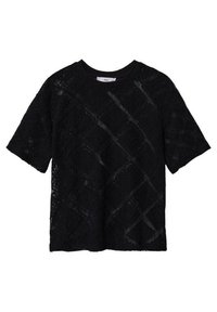 Black short-sleeve top made of textured knit fabric with a diamond pattern, featuring a round neckline and relaxed fit.
