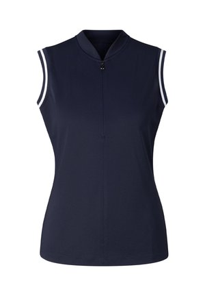 Nátělník tmavě modré sportovní barvy bez rukávů s krátkým zipem vpředu a bílými dvojitými pruhy na rukávových otvorech.