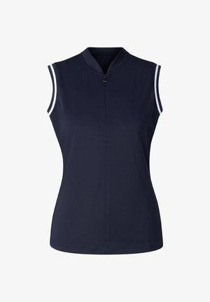 Nátělník tmavě modré sportovní barvy bez rukávů s krátkým zipem vpředu a bílými dvojitými pruhy na rukávových otvorech.