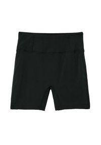 Zwarte sportieve shorts van rekbare stof, met een hoge tailleband en een gladde textuur, ontworpen voor comfort en gemakkelijke beweging.