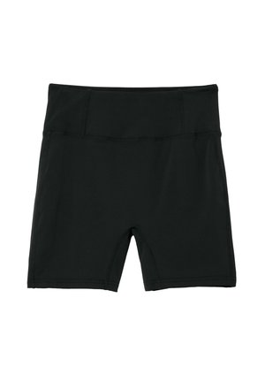 Schwarze Sportshorts aus dehnbarem Material, mit hohem Bund und glatter Textur, die für Komfort und Bewegungsfreiheit entwickelt wurden.