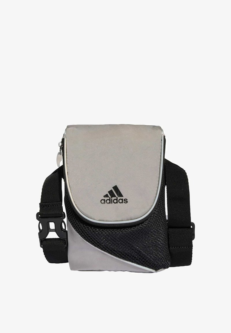 Gray and black Adidas shoulder bag featuring a zippered closure, mesh accents, and adjustable strap with a plastic buckle.