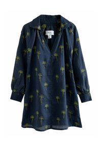 Marineblauwe button-up shirt met groene bloemembroideries, lange mouwen met elastische manchetten en een kraag. Kenmerkt zich door een relaxte pasvorm en lichte stof.