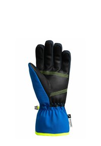 Blå och svart vattentät handske med strukturerat grepp, gröna sömmar, elastisk handled och en liten svart och vit etikett på manschetten.