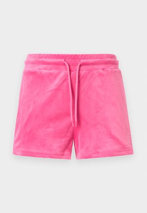 Φωτεινά ροζ βελούδινα σορτς με ελαστική μέση, κορδόνι στο μπροστινό μέρος και μικρή κεντημένη καρδιά στο κάτω δεξί πόδι.