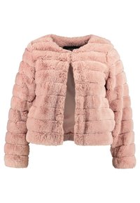 Giacca corta in ecopelliccia rosa tenue con righe orizzontali, scollo rotondo e apertura frontale. Presenta una texture soffice e maniche lunghe.