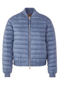 Doudoune matelassée bleu clair avec surpiqûres horizontales, fermeture zippée devant, col, poignets et ourlet côtelés, présentée sur fond blanc.