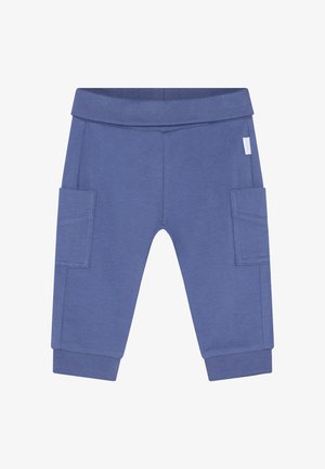 Pantalon en coton bleu avec une taille élastique, des poignets côtelés et deux poches latérales, avec une texture lisse.