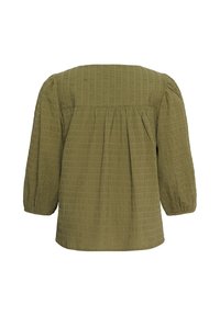 Blouse texturée vert olive à manches longues avec empiècement froncé et poignets élastiques, vue de dos sur fond blanc.