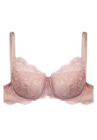 Spitzen-BH in Hellrosa mit Blumenmustern, transparenten Schalen und zarten gewellten Kanten. Verfügt über verstellbare satinierte Träger und einen goldenen Akzent.