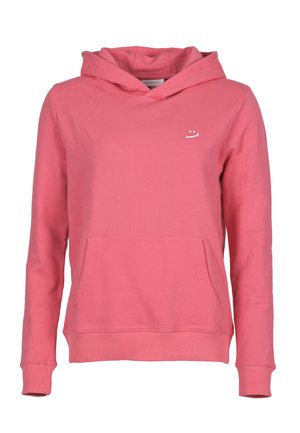 Rosa langermet hettejakke med kengurulomme foran og liten hvit smilende ansiktslogo på venstre bryst.