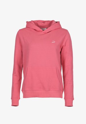 Różowa bluza z kapturem z długim rękawem, z przednią kieszenią kangurka i małym białym logo z uśmiechniętą buźką po lewej stronie klatki piersiowej.