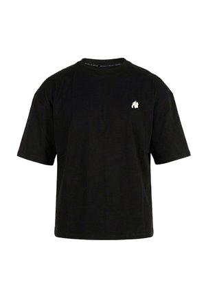 Zwart t-shirt met korte mouwen, met een klein wit gorillalogo op de linkerborst en de tekst Gorilla Wear op de binnenkant van de kraag.