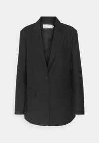 Černé sako z hladké látky, se zářezovým límcem, dvěma knoflíky a dvěma předními kapsami s minimalistickým designem.