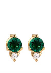 Goldene Ohrringe mit einem großen smaragdgrünen Stein über einem kleineren klaren Stein, mit einer glatten Oberfläche und elegantem Design.