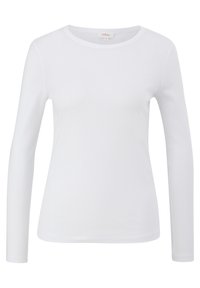 Camiseta blanca de manga larga con cuello redondo y una tela ligera y suave, con un corte ajustado, sin patrones ni acentos visibles.