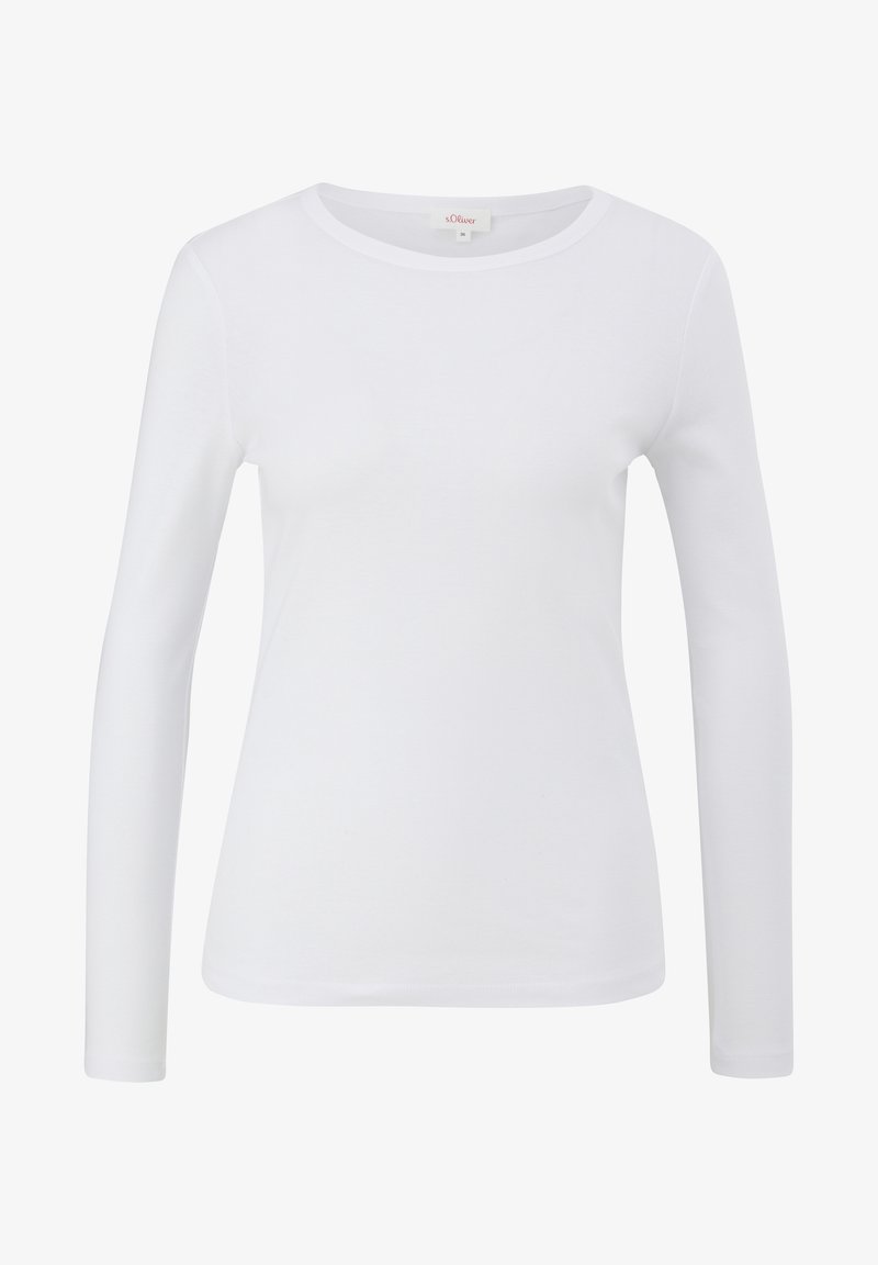 Camiseta blanca de manga larga con cuello redondo y una tela ligera y suave, con un corte ajustado, sin patrones ni acentos visibles.