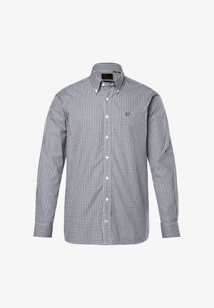 Koszula w kratę z długim rękawem w czarno-białym kolorze, z kołnierzykiem z guzikiem i kieszenią na przodzie, wykonana z gładkiego materiału o subtelnej teksturze.