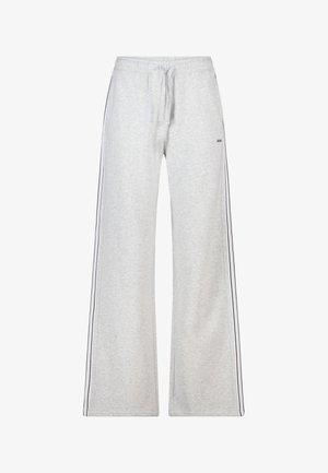 Pantalon de survêtement gris à coupe décontractée, confectionné en tissu doux mélangé en coton. Comprend des bandes latérales de couleur foncée et une taille ajustable.