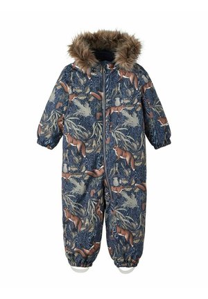 Børns mørkeblå vinterdragt med ræv og løvmotiv, elastiske manchetter, lynlås foran og hætte med brun imiteret pelskant.