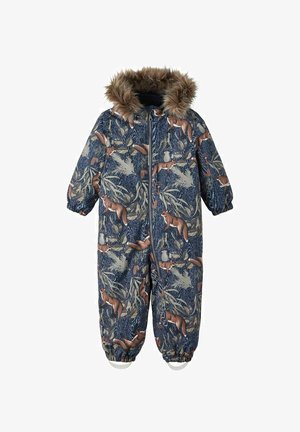Combinaison d'hiver pour enfants en bleu marine avec imprimé renard et feuillage, poignets élastiques, fermeture éclair frontale et capuche bordée de fausse fourrure marron.