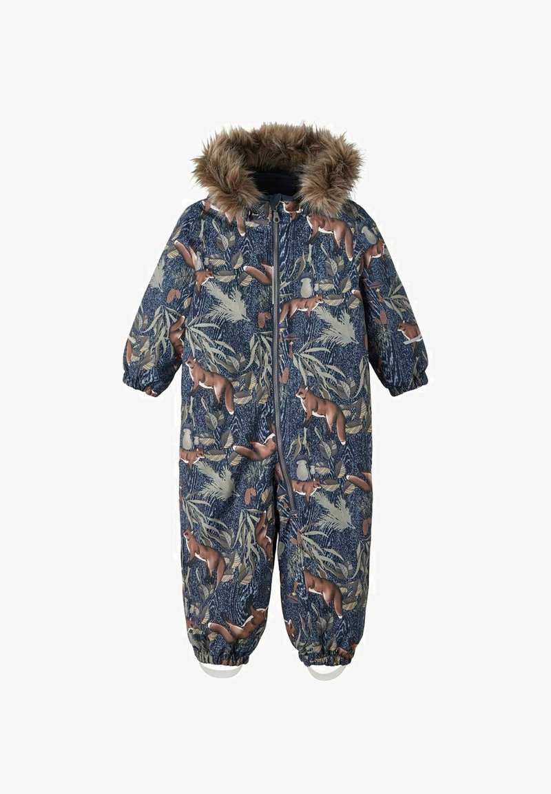Granatowy zimowy kombinezon dla dzieci z nadrukiem lisa i liści, elastycznymi mankietami, suwakiem z przodu oraz kapturem wykończonym brązowym sztucznym futerkiem.
