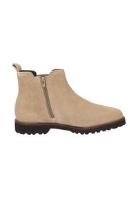 Beige Wildleder-Stiefelette mit seitlichem Reißverschluss, runder Spitze und einer strukturierten Gummisohle. Weicher Look mit einem kontrastierenden braunen Besatz.