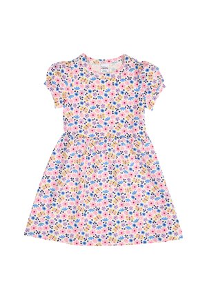 Kortærmet kjole til tumling med rosa, blå og gul blomstermønster og sommerfugle på hvid baggrund.
