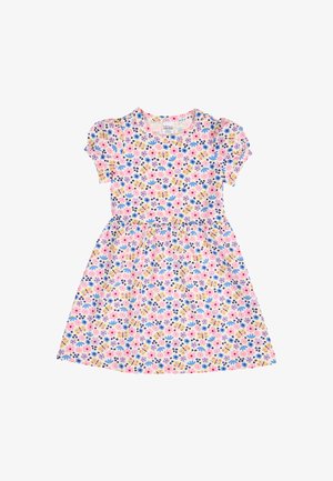 Short-sleeve toddler dress with pink, blue, and yellow floral and butterfly pattern on a white background.