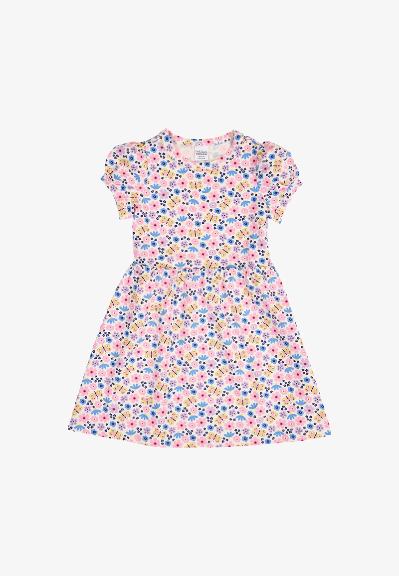 Robe à manches courtes pour tout-petit avec motif floral et papillons rose, bleu et jaune sur fond blanc.