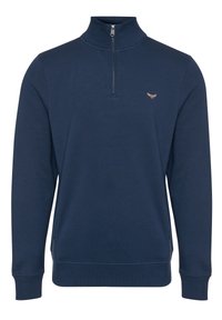 Navyblauwe ritssluiting sweatshirt met een hoge kraag, lange mouwen en een klein geborduurd logo op de borst. Zachte, katoenachtige textuur.