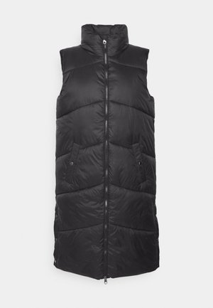 Svart puffväst med hög krage, dragkedja framtill och två sidfickor. Texturerad, quiltad design med knappfästen längs sidorna.