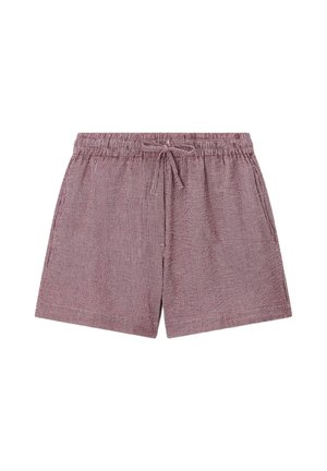 Shorts pour hommes mauve et blanc à fines rayures, avec ceinture élastique et cordon de serrage à l'avant, posé à plat sur fond blanc.