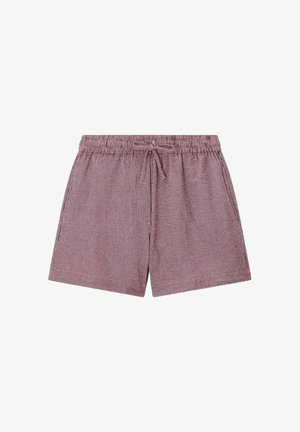Shorts pour hommes mauve et blanc à fines rayures, avec ceinture élastique et cordon de serrage à l'avant, posé à plat sur fond blanc.