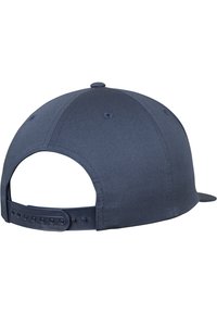 Dark blue baseball cap with a smooth texture, a round crown, and a plastic snapback closure. No visible logos or patterns.
