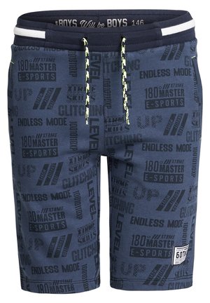 Marineblå shorts med sort gamertema-teksttryk og hvid snor med neonlys ved en ribbet linning.