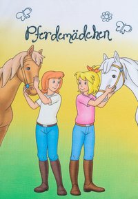 Illustrazione di due ragazze con cavalli. Un cavallo è marrone, l'altro è bianco. Le ragazze indossano camicie chiare, jeans blu e stivali da equitazione marroni.