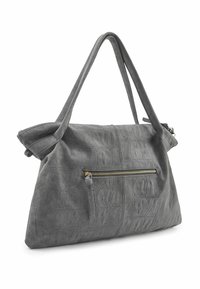 Sac à main en daim gris présentant un motif crocodile texturé, grande forme, deux poignées et une poche avant zippée avec une garniture dorée.