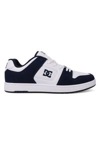 Navy blue and white sneaker with a suede and leather design, featuring a logo on the side, round toe, and rubber sole.
