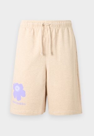 Beežid paelaga lühikesed püksid elastse vöökohaga ja lilla lillekujundusega, alumisel vasakul jalal tekstiga "marimekko".