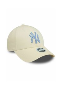 Gorra de béisbol beige con un logotipo NY bordado en azul claro, visera curva y ojales ventilados. Cuenta con una correa ajustable 9FORTY.