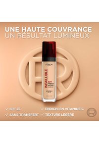 Fond de teint L'Oréal Paris Infallible 32H Fresh Wear dans un flacon transparent avec un capuchon rouge. Liquide beige visible, étiqueté avec SPF 25 et vitamine C.