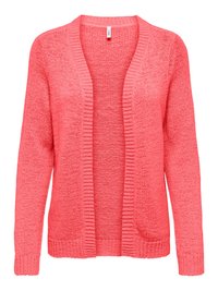 Lightweight, open-front cardigan in textured coral knit, featuring wide ribbed trim, long sleeves, and two front pockets.