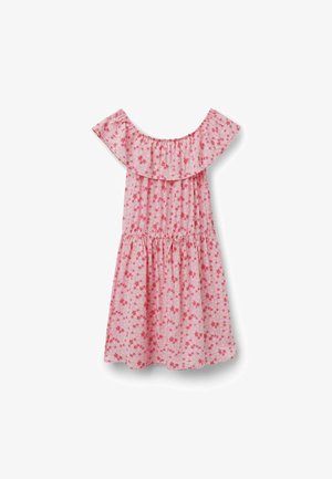 Rosa schulterfreies Kleid mit rotem Blumenmuster, elastischem Ausschnitt, geraffter Taille mit Bindeband und geraffter oberer Lage.