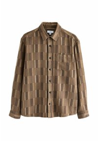 Brunternet flannel skjorte med en lomme, der har en blanding af vandrette og lodrette striber i varierende nuancer af brun og creme.