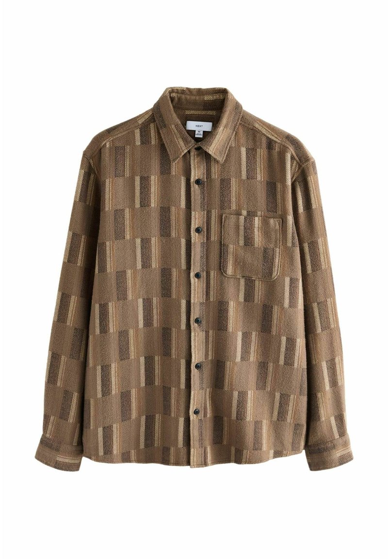 Brunternet flannel skjorte med en lomme, der har en blanding af vandrette og lodrette striber i varierende nuancer af brun og creme.
