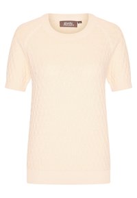 Light beige short-sleeve knit sweater with a textured diamond pattern and ribbed cuffs and hem. Label reads "A Funky Flavours."