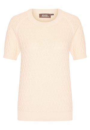 Vaaleanbeige lyhythihainen neulepaita, jossa on teksturoitu timanttikuvio ja ribbatut hihat sekä helma. Tagi lukee "A Funky Flavours."