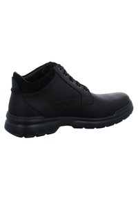 Black leather ankle boots feature a smooth texture, round toe, and six matching eyelets; the sole is rubber with a ridged pattern for grip.