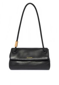 Borsa a tracolla in pelle nera con forma rettangolare, patta superiore piatta e una sottile tracolla. Presenta un logo dorato sulla parte frontale.